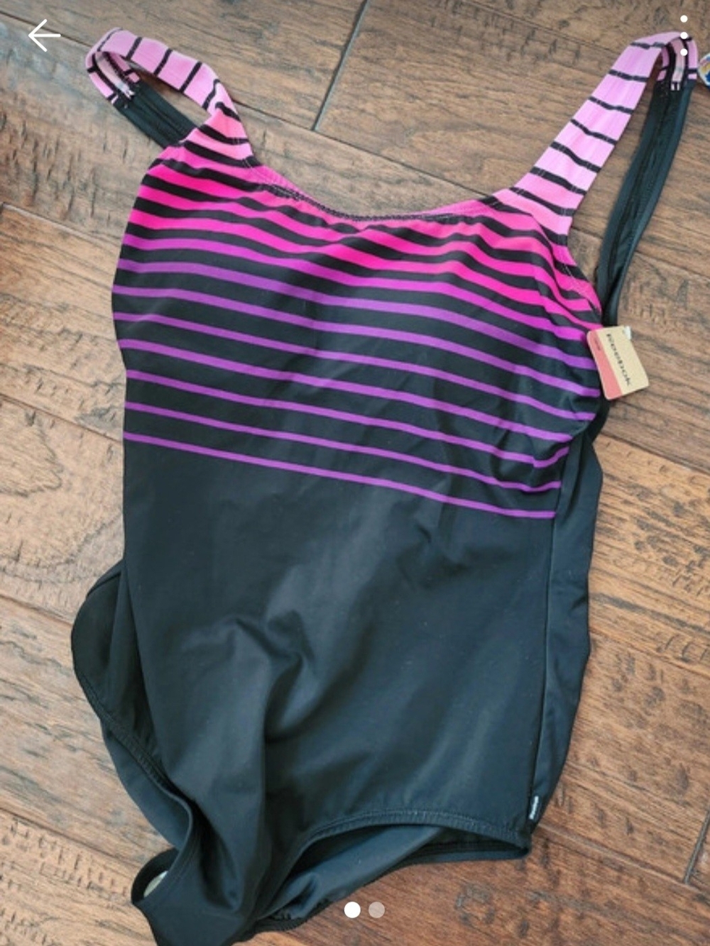 Reebok Black One-Piece Swimsuit with Pink and Purple Stripes